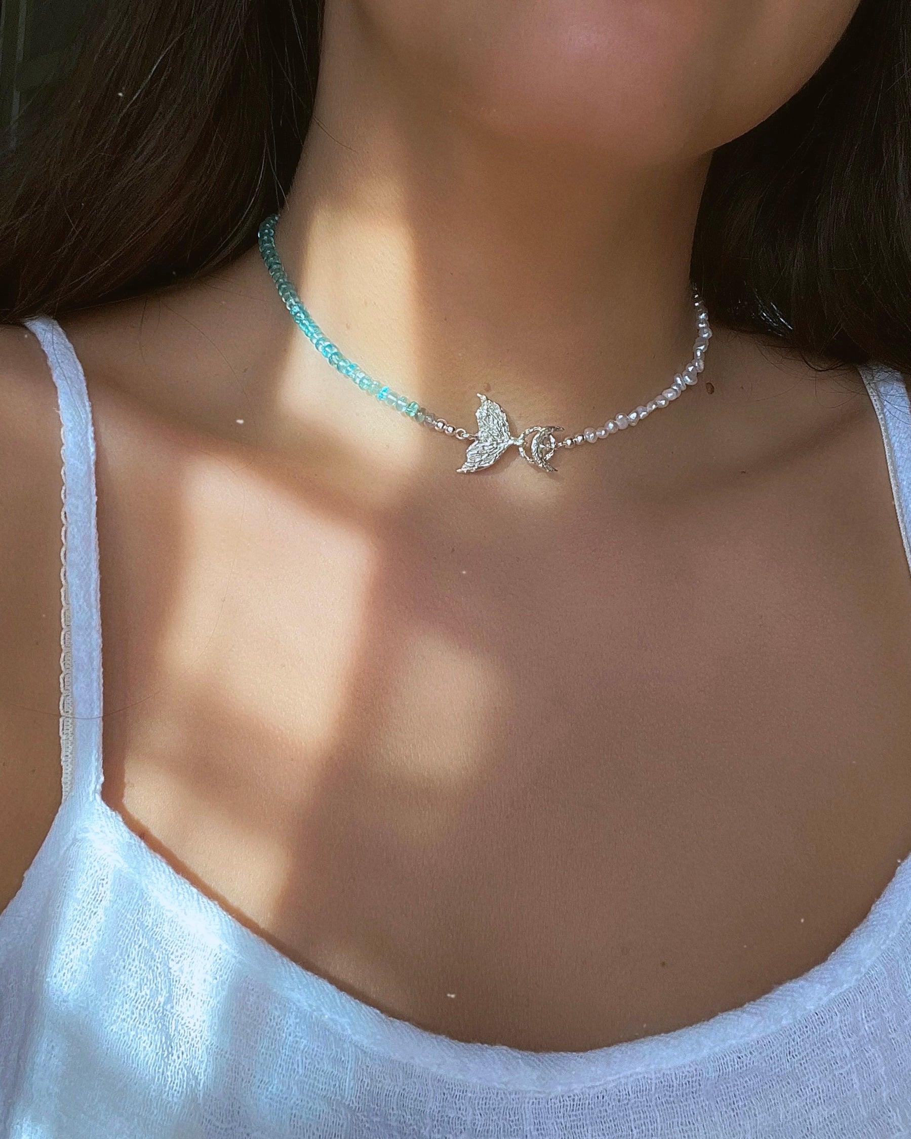 Silver Mermaid Clasp Bead Necklace ⋄ Shaded Apatite & Pearl