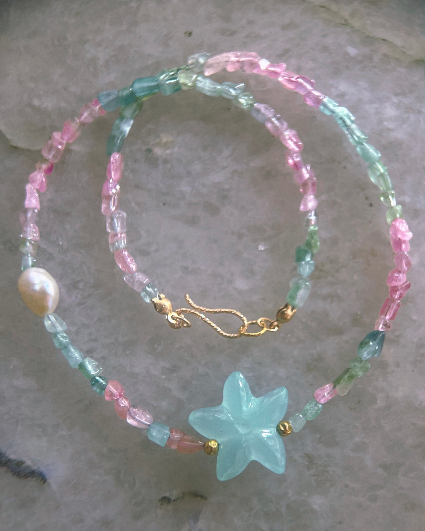 Ocean Pebbles Sea Star Necklace ⋄ Tourmaline, Chalcedony & Pearl