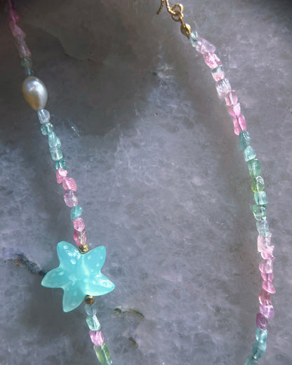 Ocean Pebbles Sea Star Necklace ⋄ Tourmaline, Chalcedony & Pearl