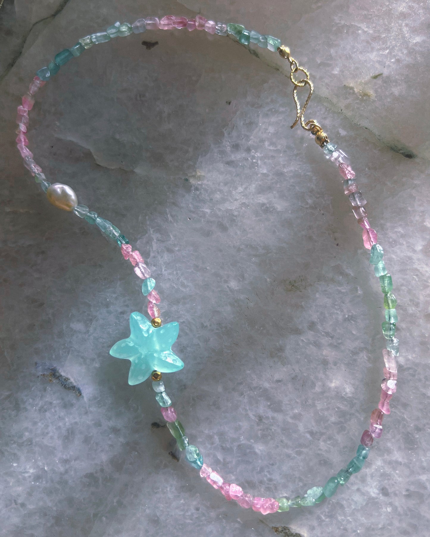 Ocean Pebbles Sea Star Necklace ⋄ Tourmaline, Chalcedony & Pearl
