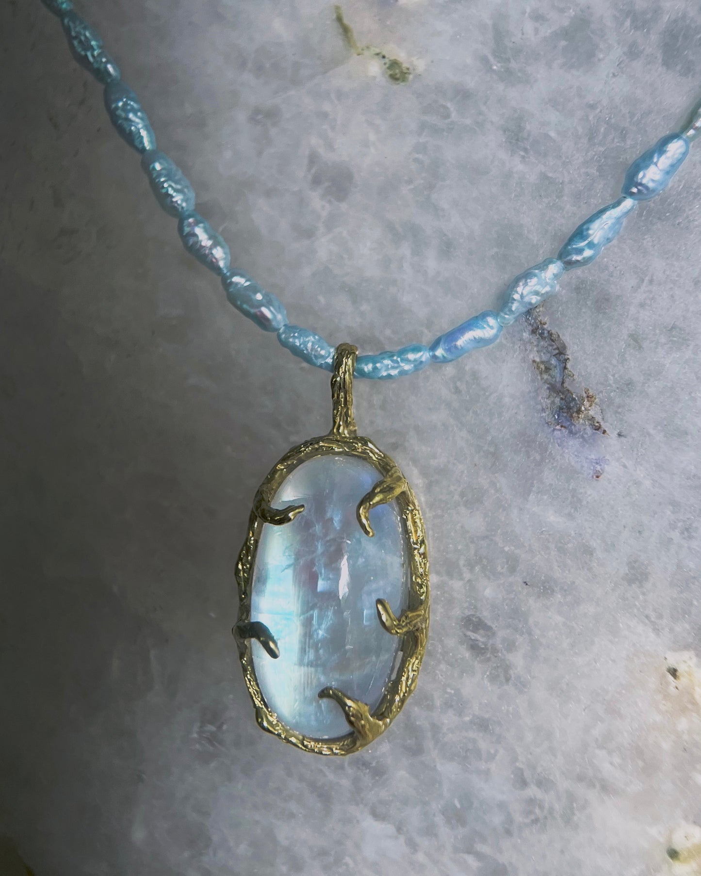 Lunar Oracle Amulet ⋄ Moonstone & Blue Pearls
