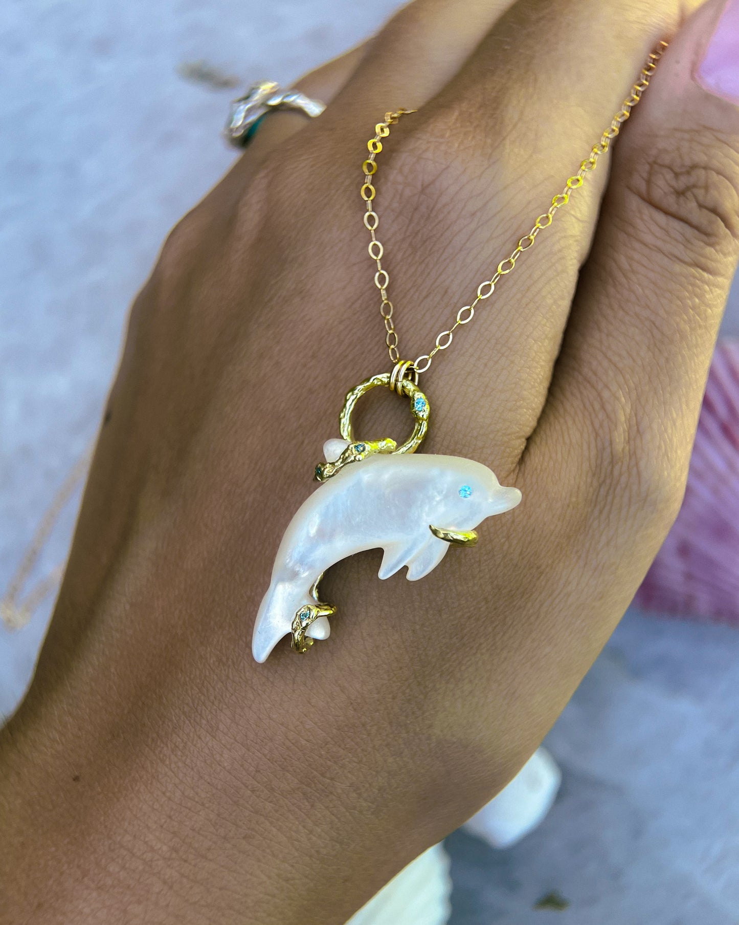 Blue Eyed Dolphin Spirit Animal Amulet ⋄ Mother of Pearl ⋄ Gold Vermeil