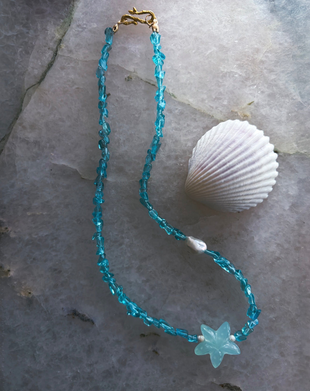 Ocean Pebbles Sea Star Necklace ⋄ Seafoam Apatite, Chalcedony & Pearl