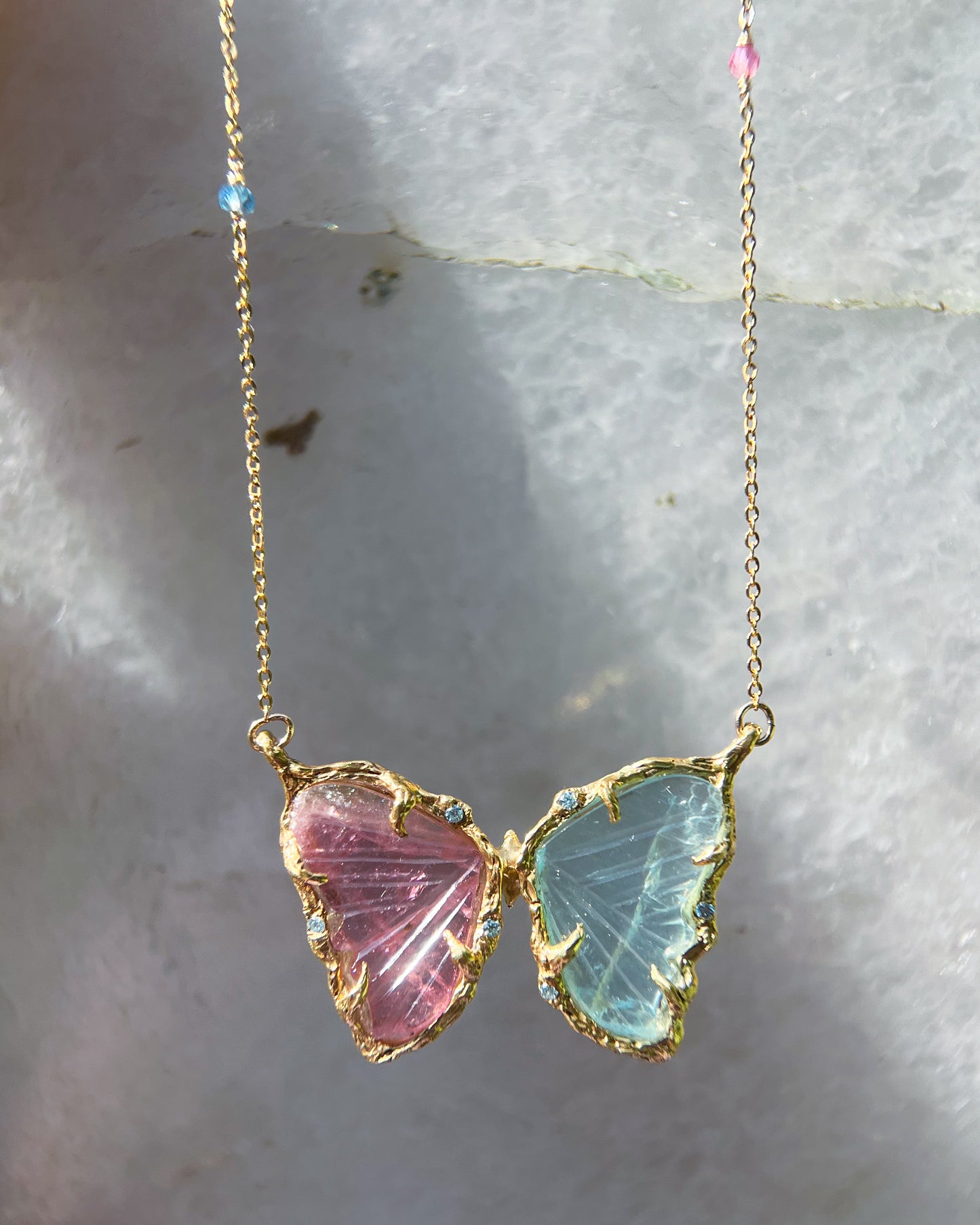 Duality Butterfly Necklace ⋄ Aquamarine & Pink Tourmaline ⋄ Gold vermeil