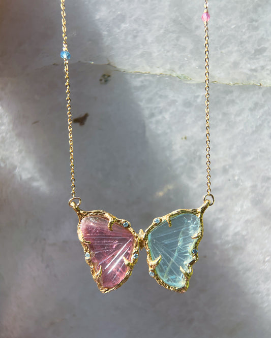 Duality Butterfly Necklace ⋄ Aquamarine & Pink Tourmaline ⋄ Gold vermeil