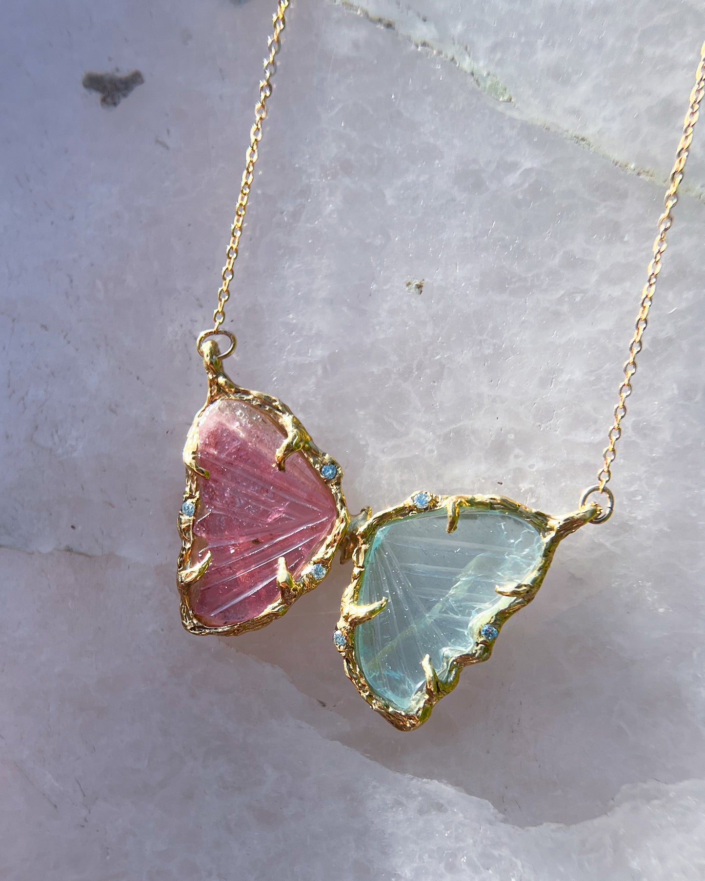 Duality Butterfly Necklace ⋄ Aquamarine & Pink Tourmaline ⋄ Gold vermeil