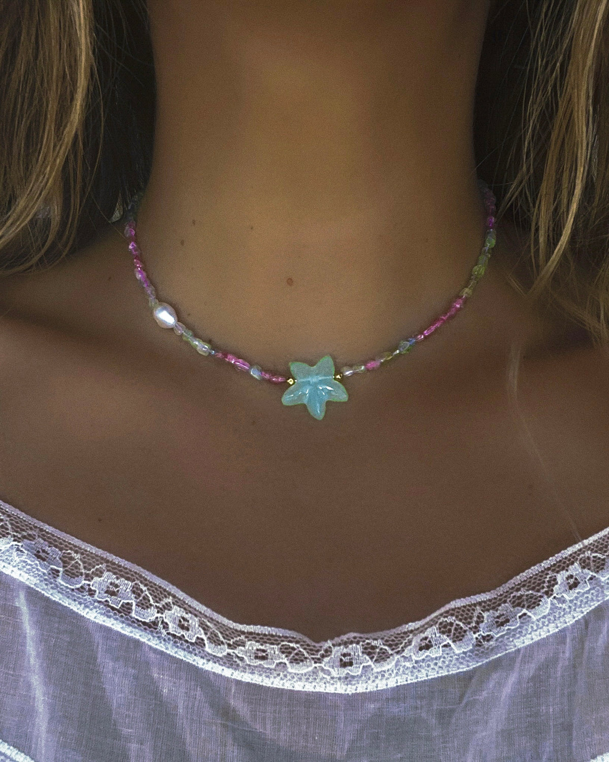 Ocean Pebbles Sea Star Necklace ⋄ Tourmaline, Chalcedony & Pearl