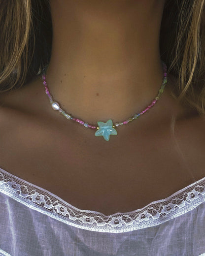 Ocean Pebbles Sea Star Necklace ⋄ Tourmaline, Chalcedony & Pearl