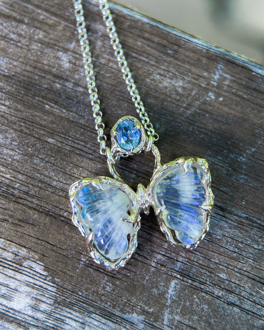 Mini Ever After Butterfly Amulet ⋄ Rainbow Moonstone & Blue Sapphire