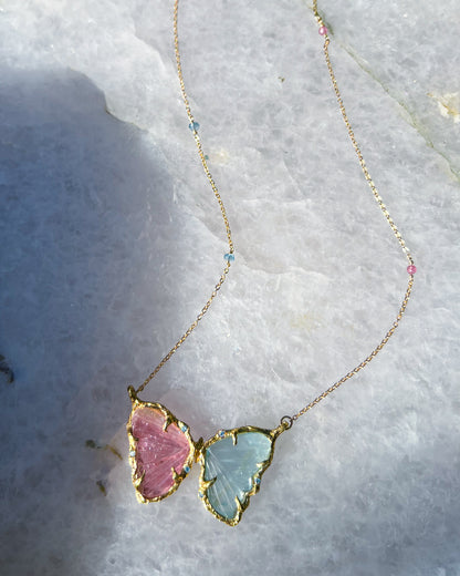 Duality Butterfly Necklace ⋄ Aquamarine & Pink Tourmaline ⋄ Gold vermeil