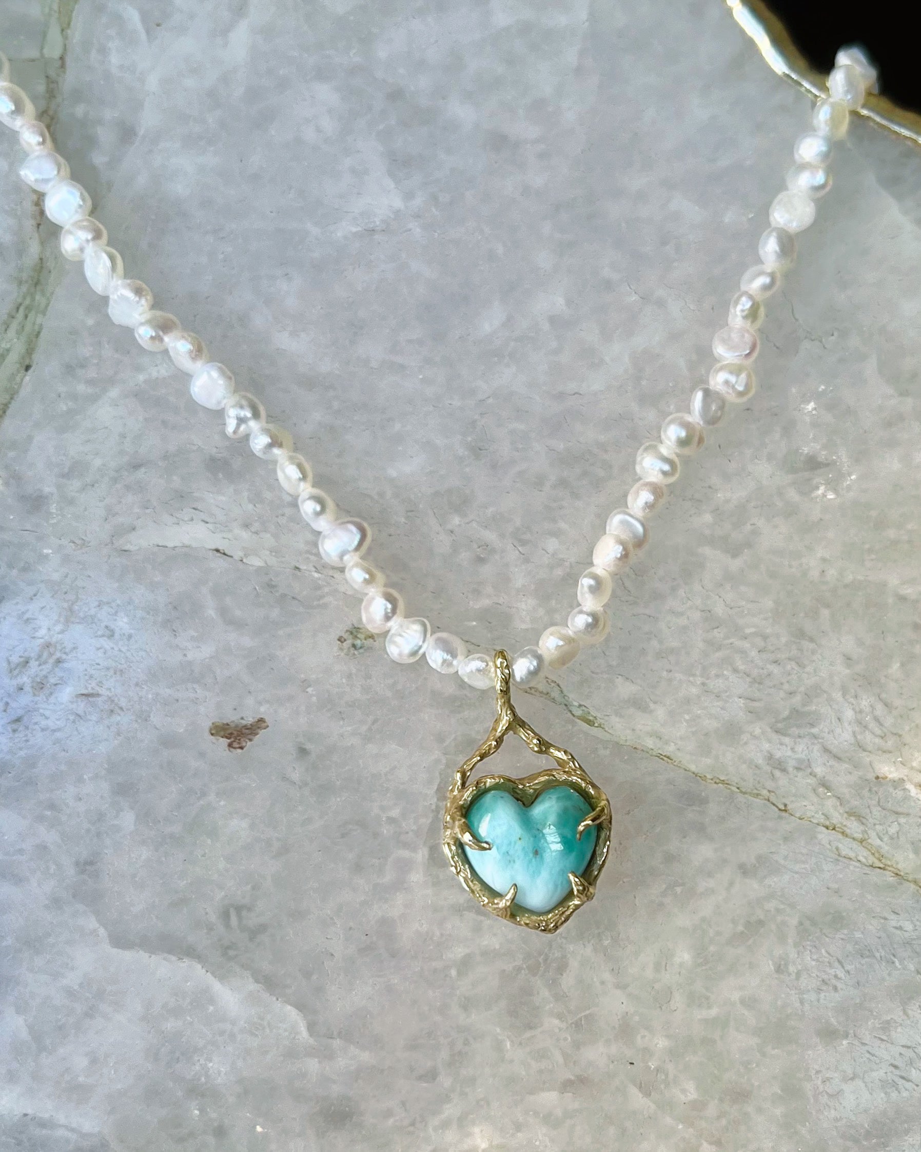 Siren’s Heart Amulet ⋄ Larimar & Freshwater Pearls