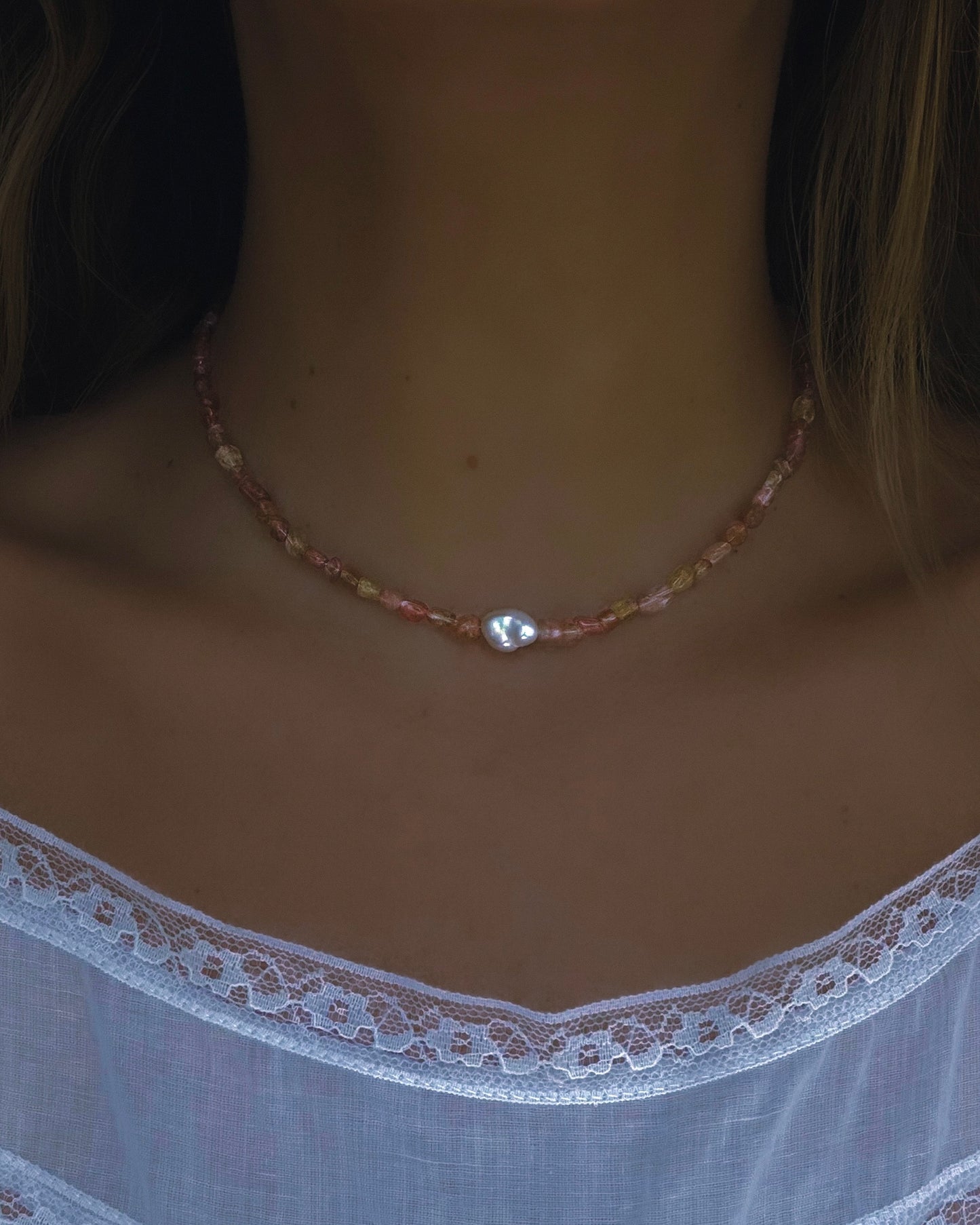 Tangerine Sunset Ocean Pebbles Necklace ⋄ Peach Tourmaline & Pearl