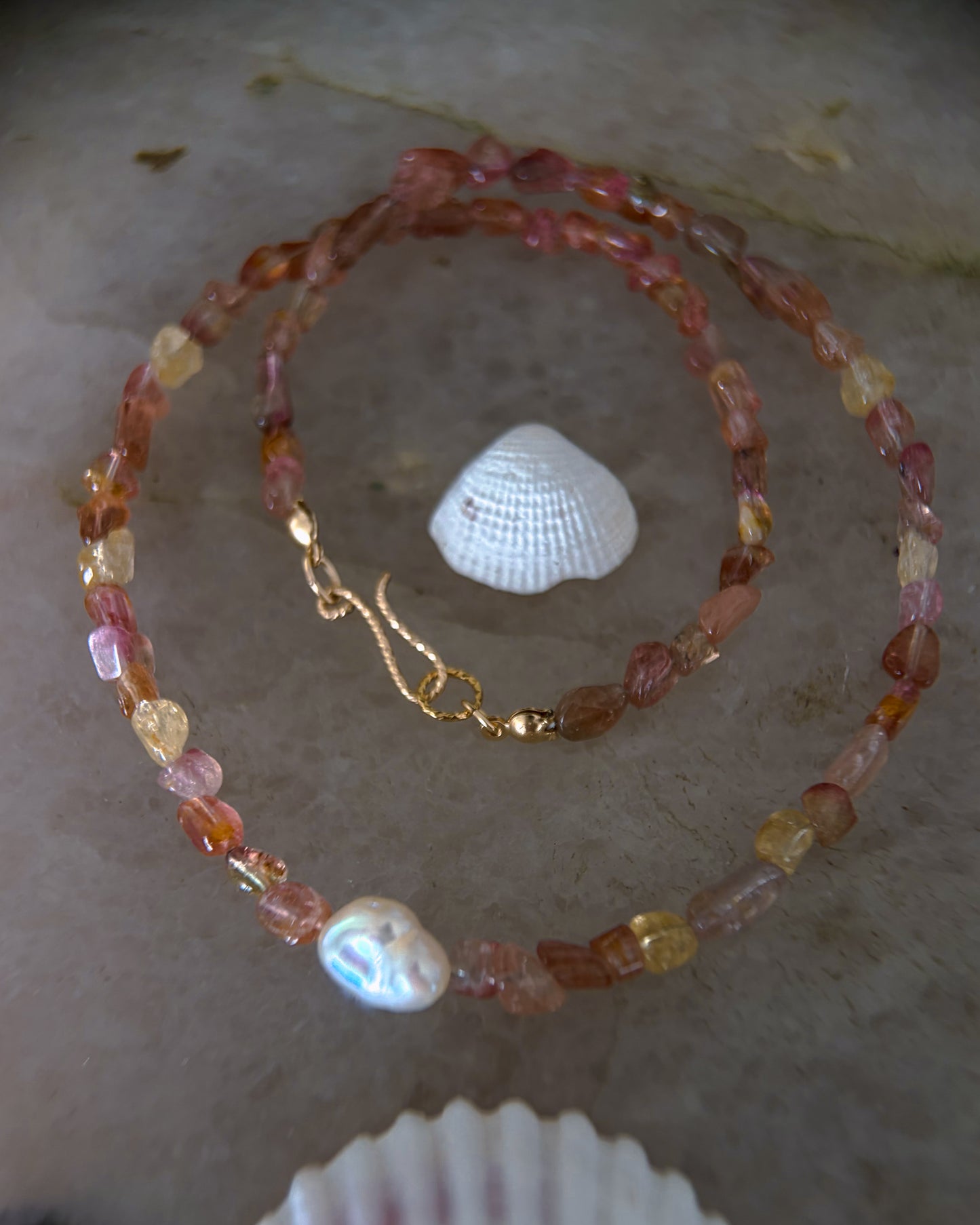 Tangerine Sunset Ocean Pebbles Necklace ⋄ Peach Tourmaline & Pearl
