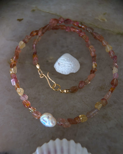 Tangerine Sunset Ocean Pebbles Necklace ⋄ Peach Tourmaline & Pearl