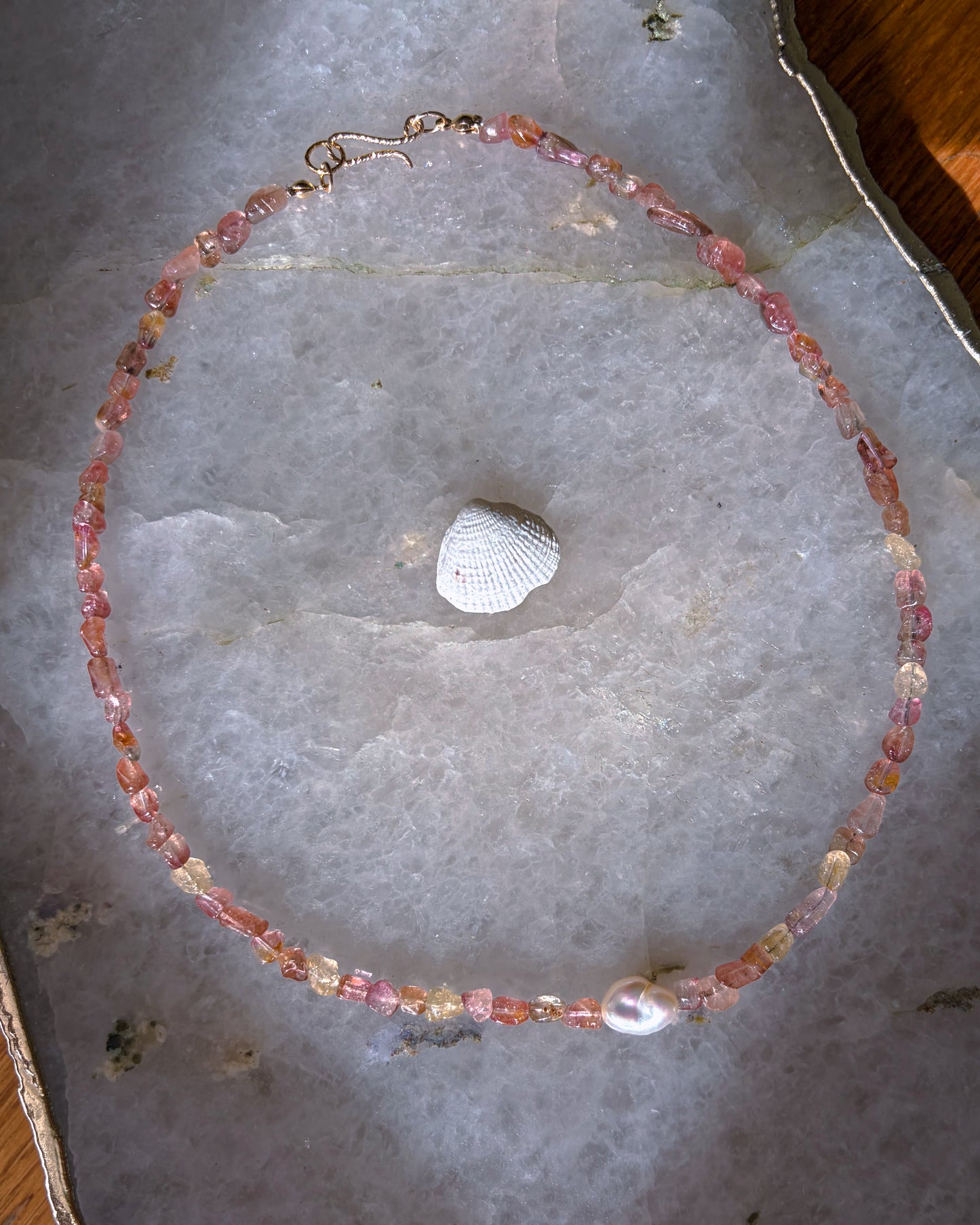 Tangerine Sunset Ocean Pebbles Necklace ⋄ Peach Tourmaline & Pearl