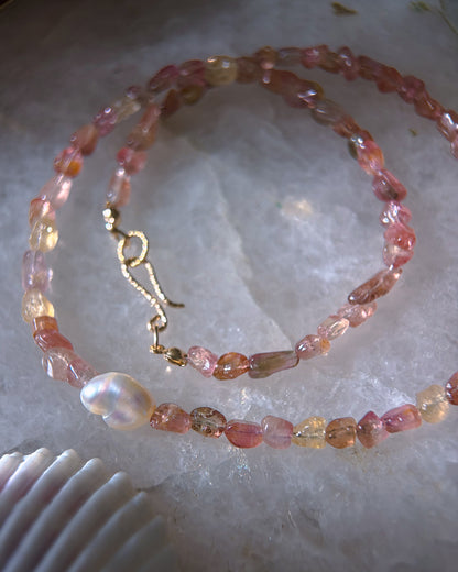 Tangerine Sunset Ocean Pebbles Necklace ⋄ Peach Tourmaline & Pearl