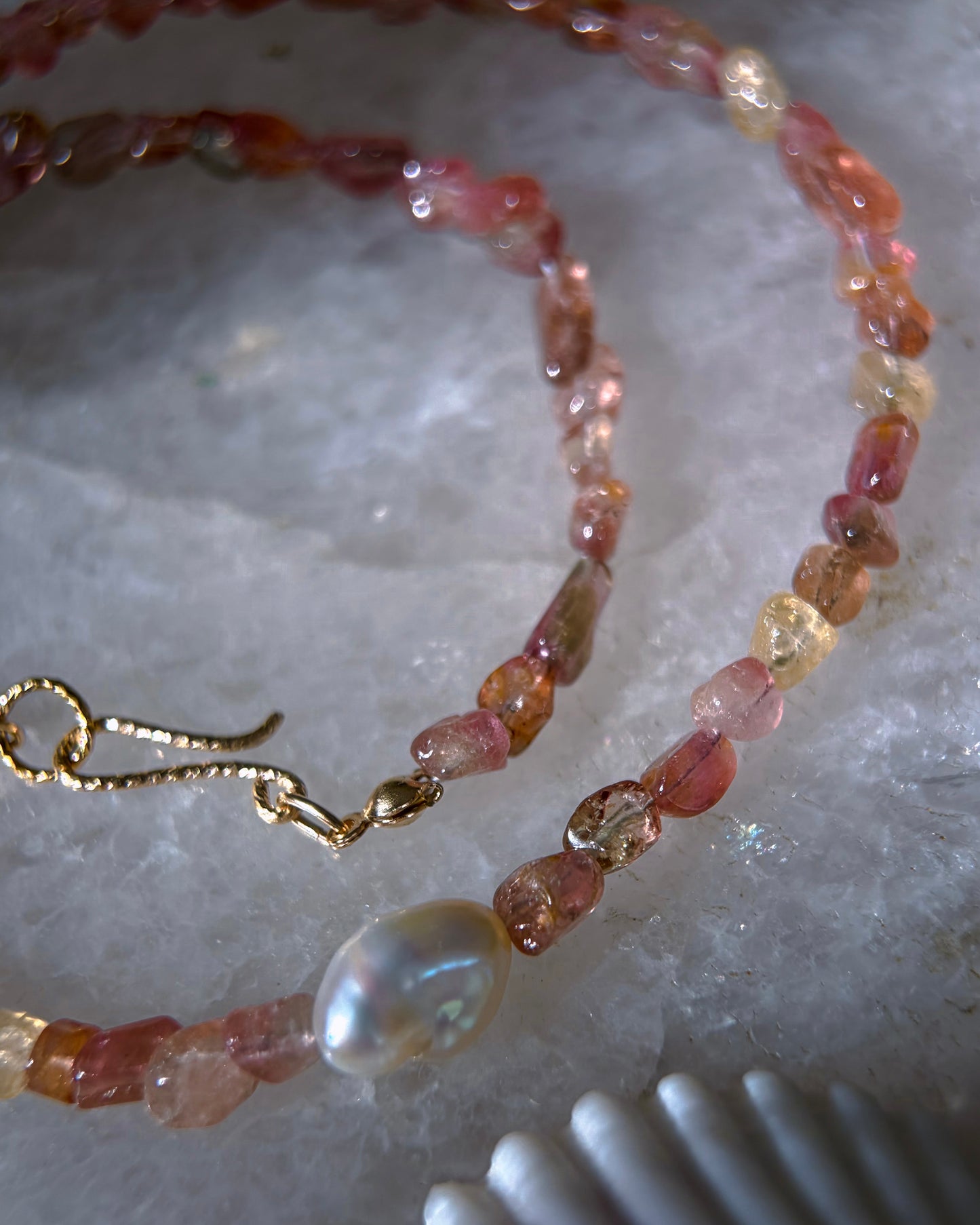 Tangerine Sunset Ocean Pebbles Necklace ⋄ Peach Tourmaline & Pearl