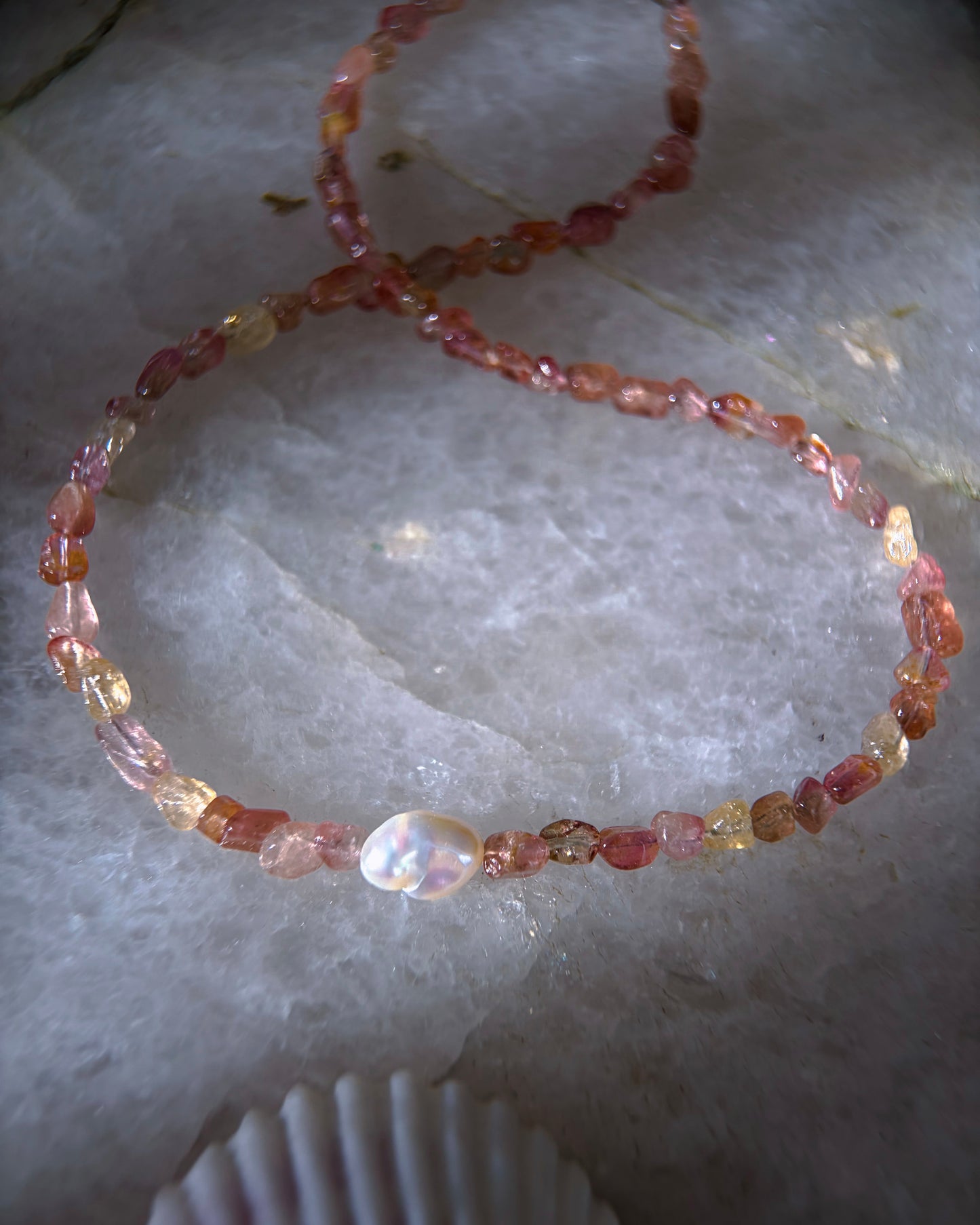 Tangerine Sunset Ocean Pebbles Necklace ⋄ Peach Tourmaline & Pearl