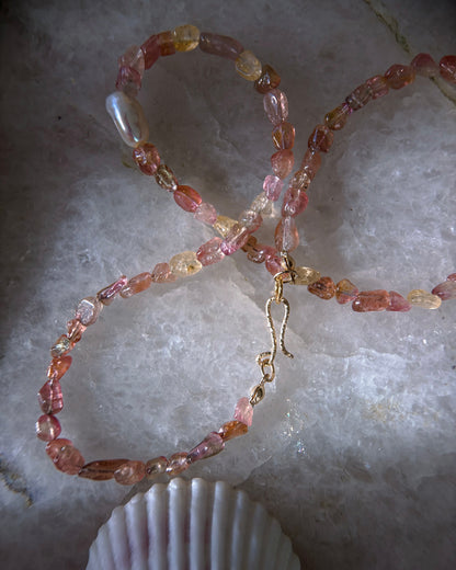 Tangerine Sunset Ocean Pebbles Necklace ⋄ Peach Tourmaline & Pearl