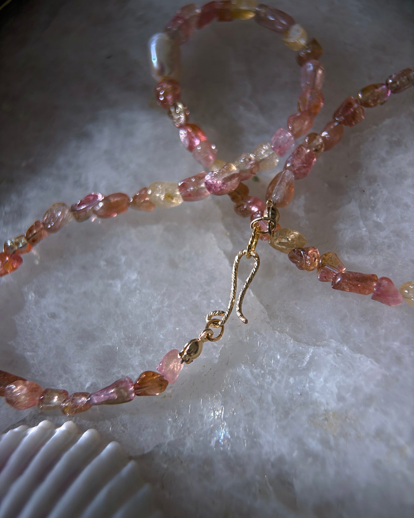 Tangerine Sunset Ocean Pebbles Necklace ⋄ Peach Tourmaline & Pearl