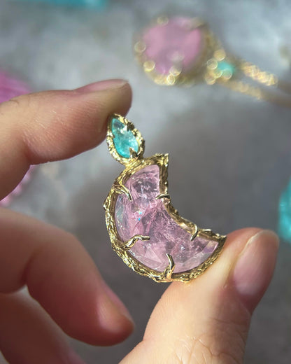 Crescent Moon Amulet ⋄ Morganite & Paraíba Tourmaline
