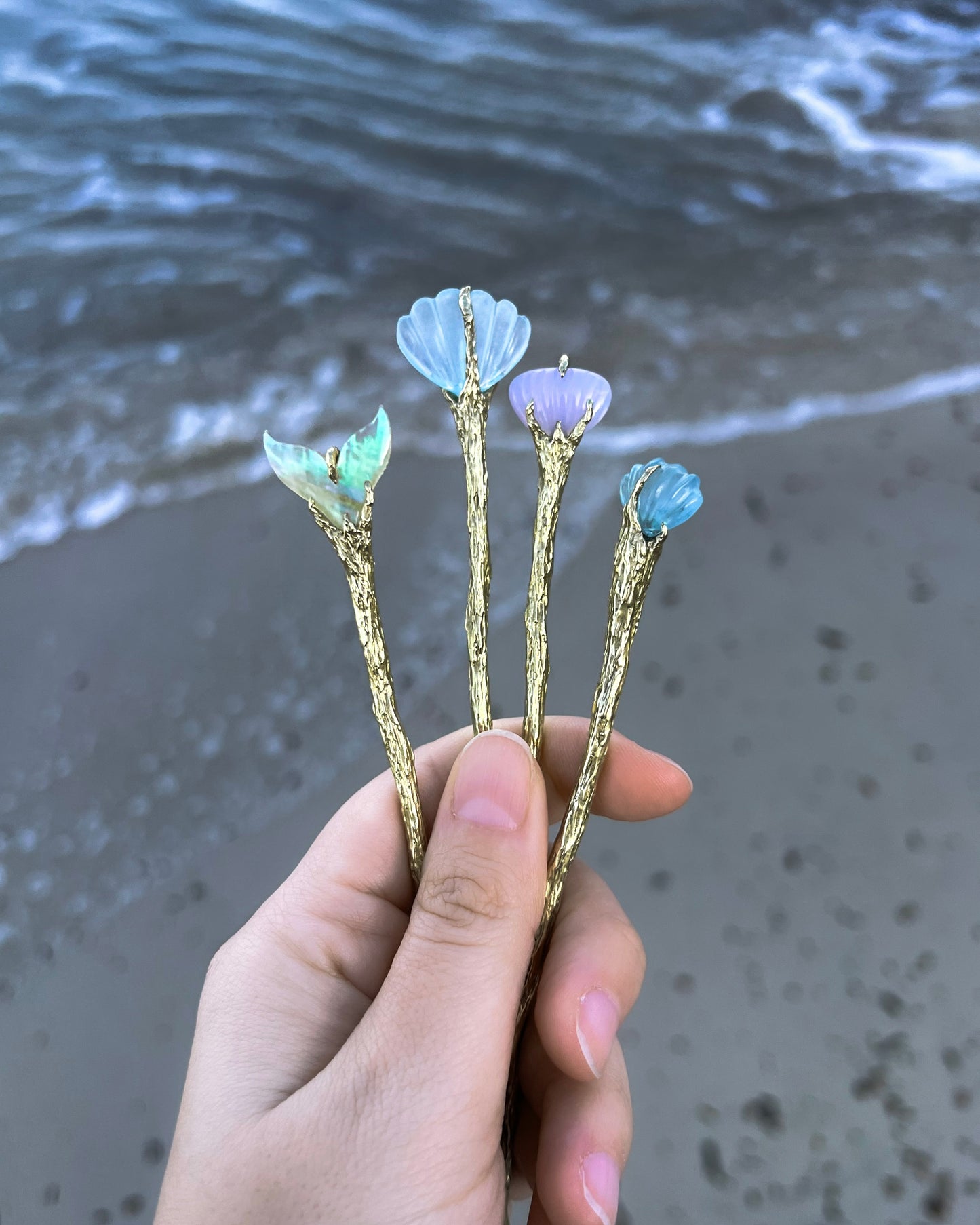 La Sirène Crystal Hair Pins ⋄ Aquamarine, Lavender Moon Quartz, MOP