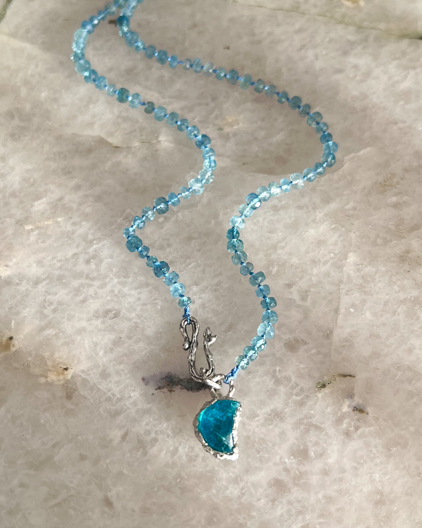 Crescent Moon Dewdrops Necklace ⋄ Neon Apatite & Dark Aquamarine