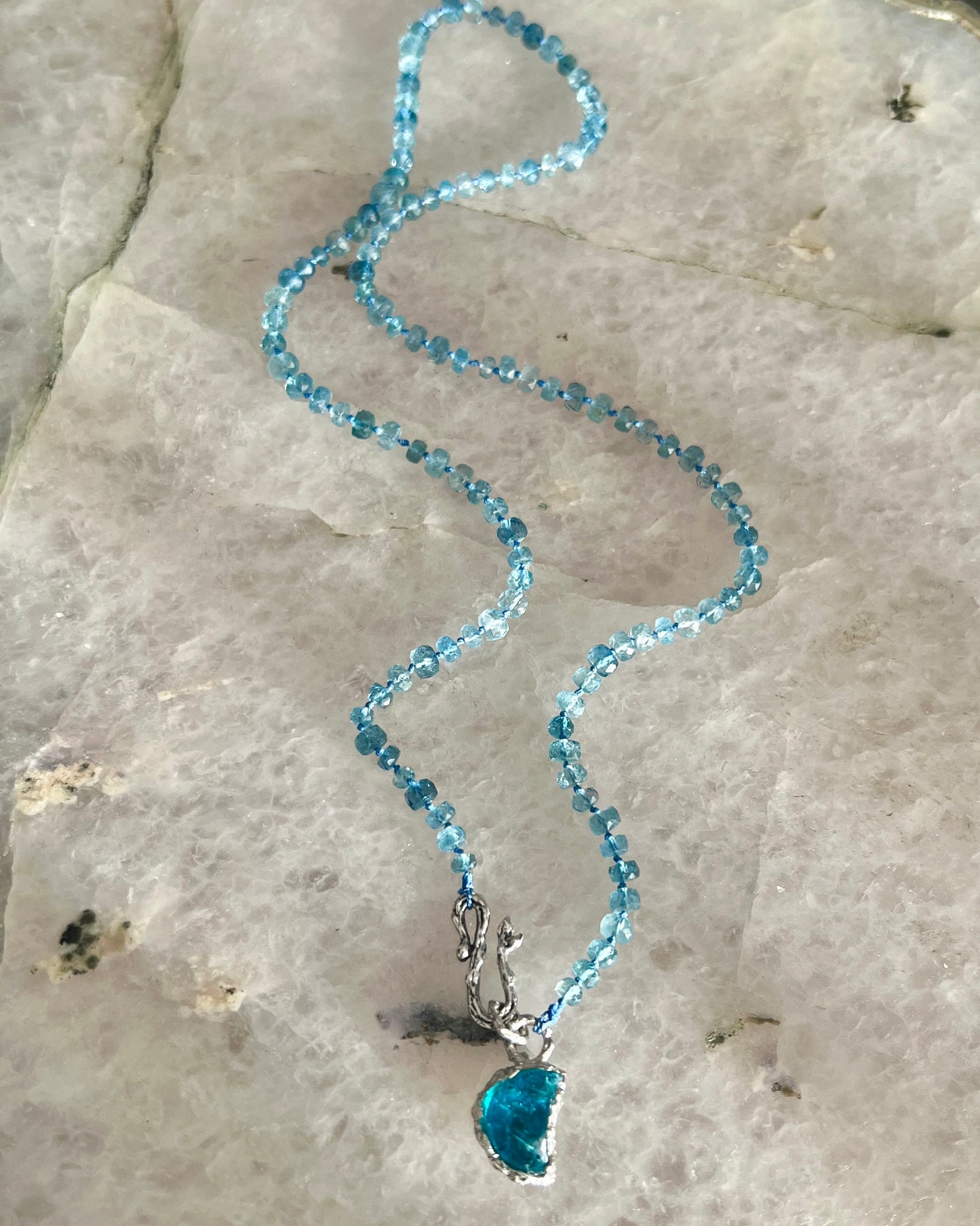 Crescent Moon Dewdrops Necklace ⋄ Neon Apatite & Dark Aquamarine