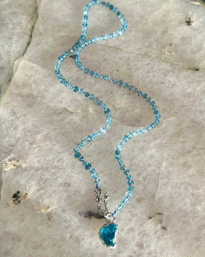 Crescent Moon Dewdrops Necklace ⋄ Neon Apatite & Dark Aquamarine