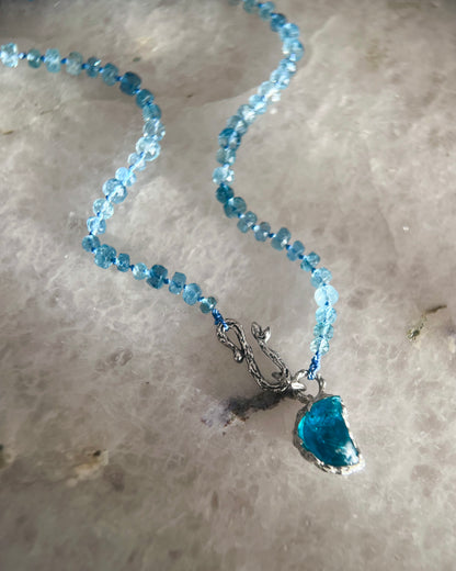 Crescent Moon Dewdrops Necklace ⋄ Neon Apatite & Dark Aquamarine