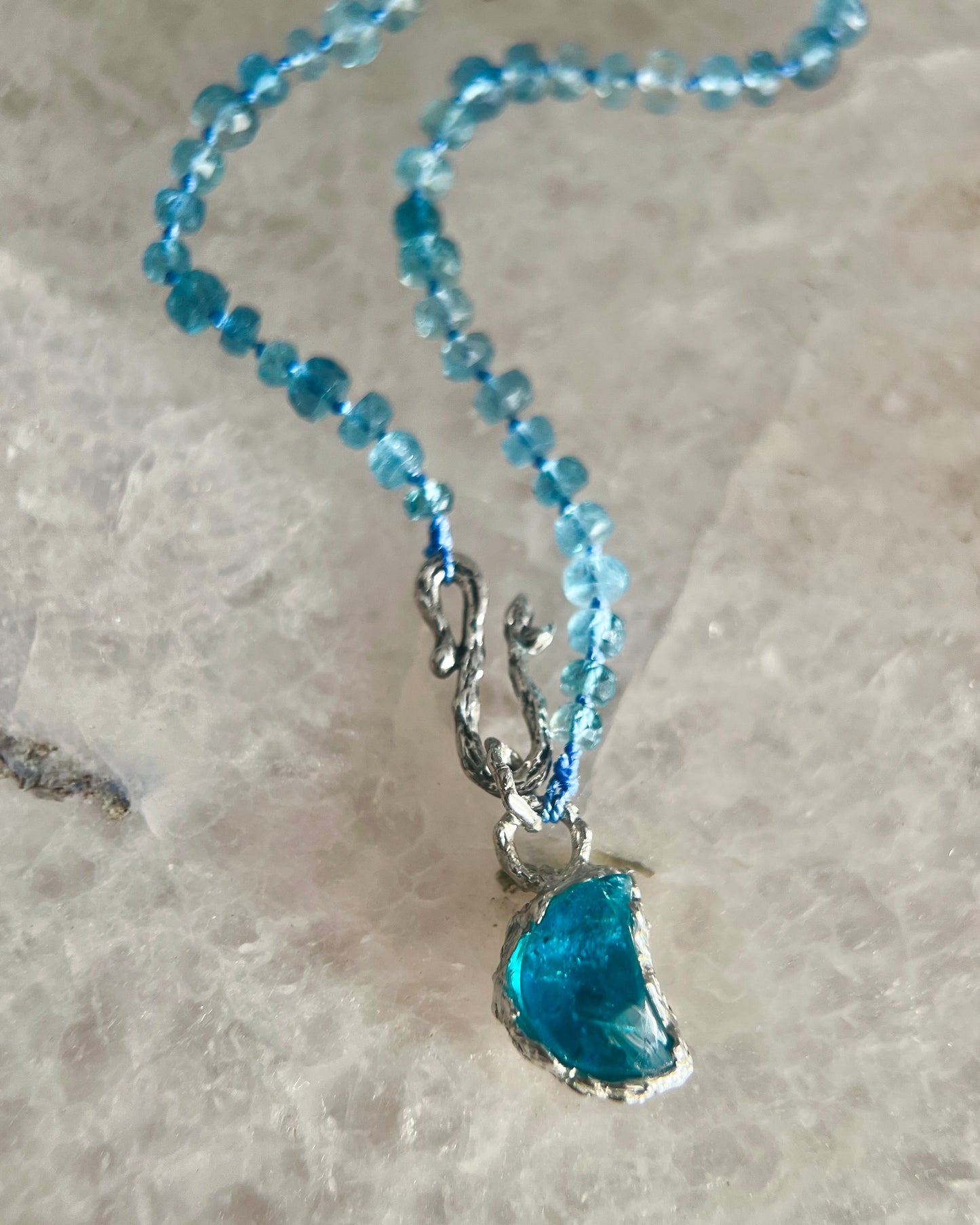 Crescent Moon Dewdrops Necklace ⋄ Neon Apatite & Dark Aquamarine