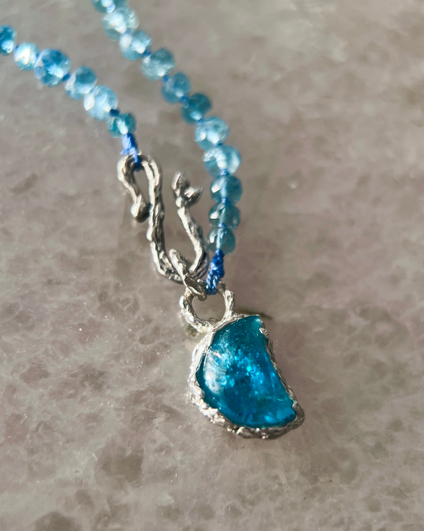 Crescent Moon Dewdrops Necklace ⋄ Neon Apatite & Dark Aquamarine