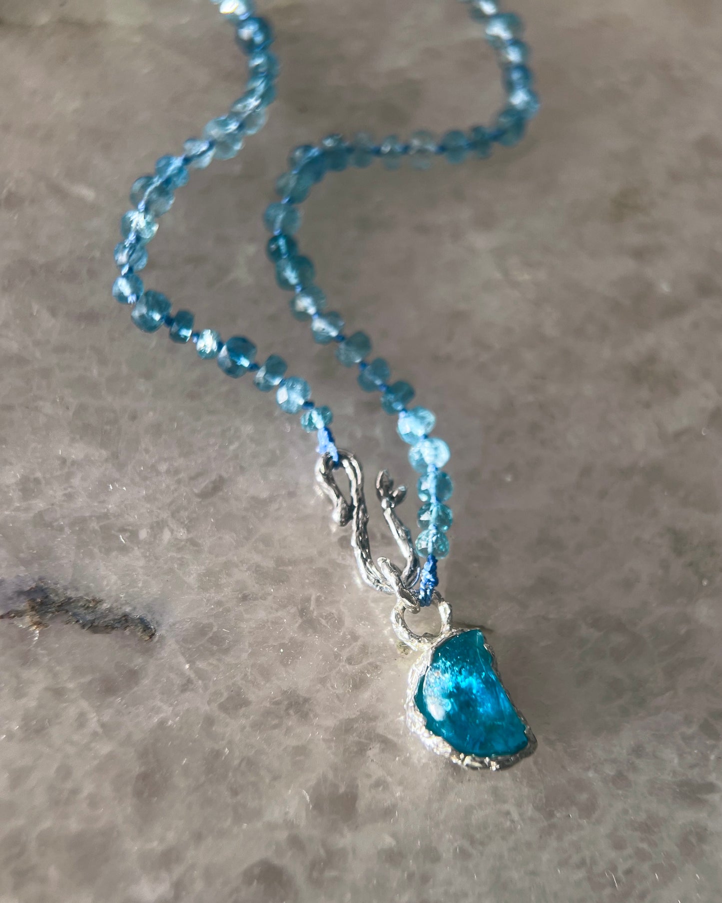 Crescent Moon Dewdrops Necklace ⋄ Neon Apatite & Dark Aquamarine
