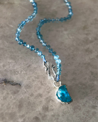 Crescent Moon Dewdrops Necklace ⋄ Neon Apatite & Dark Aquamarine