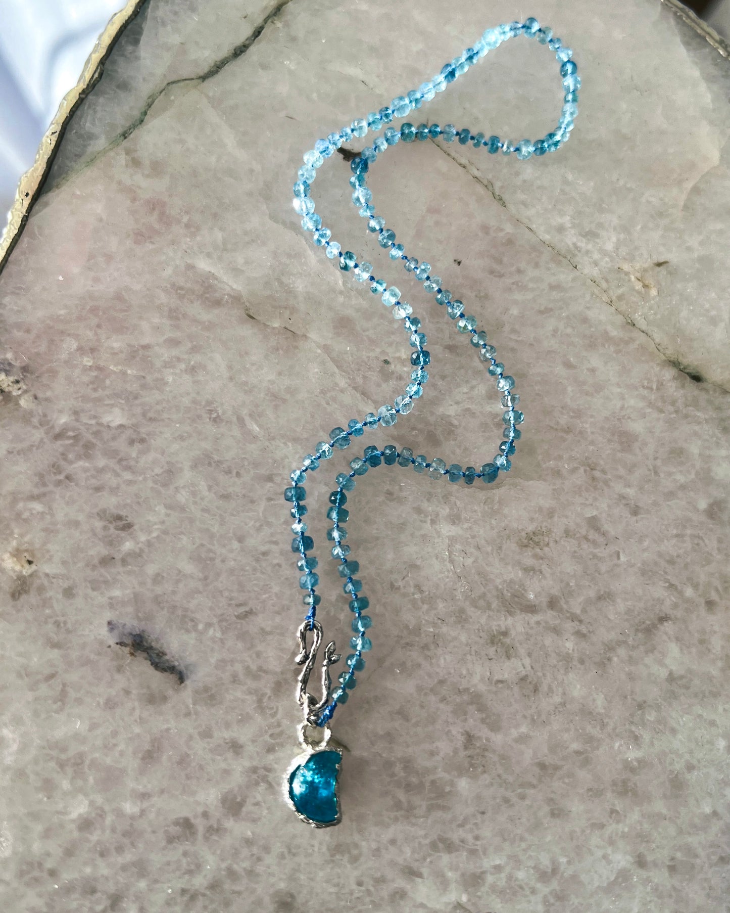 Crescent Moon Dewdrops Necklace ⋄ Neon Apatite & Dark Aquamarine