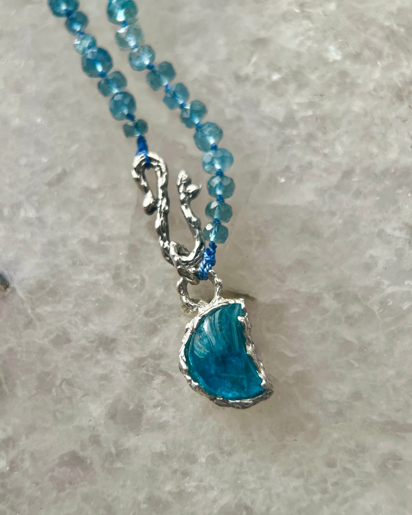 Crescent Moon Dewdrops Necklace ⋄ Neon Apatite & Dark Aquamarine