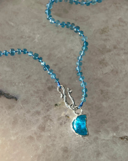 Crescent Moon Dewdrops Necklace ⋄ Neon Apatite & Dark Aquamarine