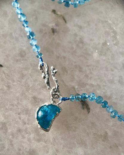 Crescent Moon Dewdrops Necklace ⋄ Neon Apatite & Dark Aquamarine