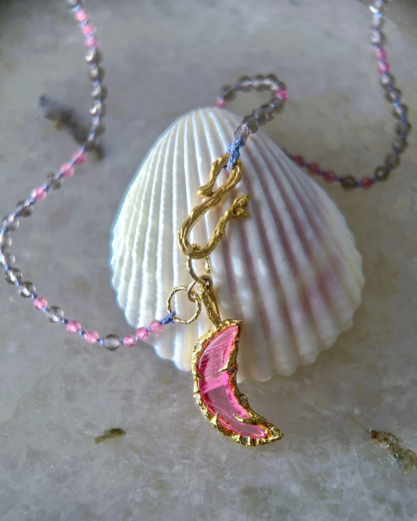 Crescent Moon Necklace ⋄ Pink Tourmaline & Smoky Quartz ⋄ Gold Vermeil