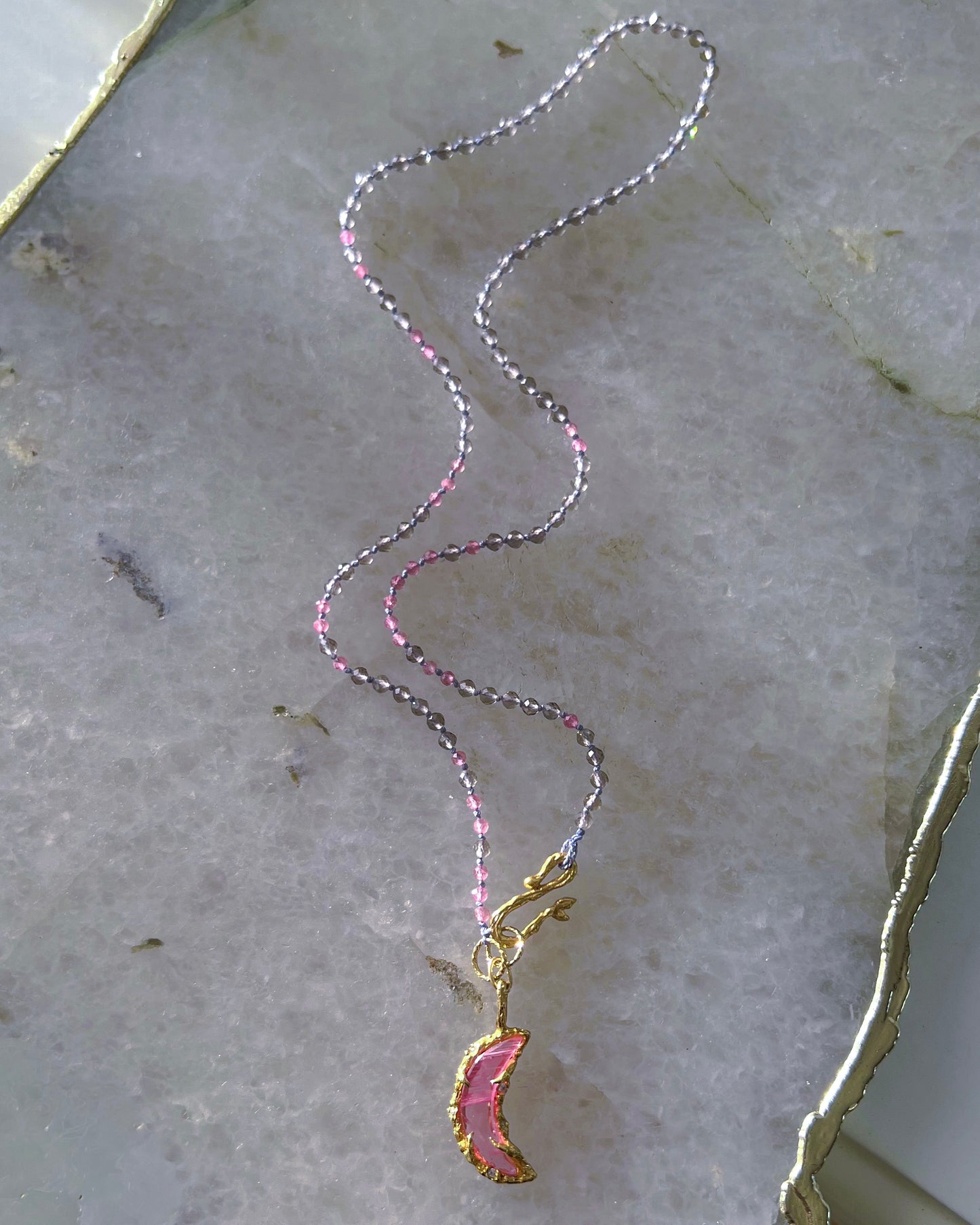 Crescent Moon Necklace ⋄ Pink Tourmaline & Smoky Quartz ⋄ Gold Vermeil