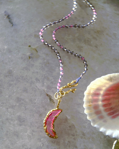 Crescent Moon Necklace ⋄ Pink Tourmaline & Smoky Quartz ⋄ Gold Vermeil