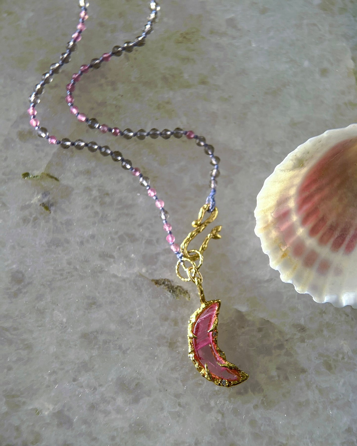 Crescent Moon Necklace ⋄ Pink Tourmaline & Smoky Quartz ⋄ Gold Vermeil