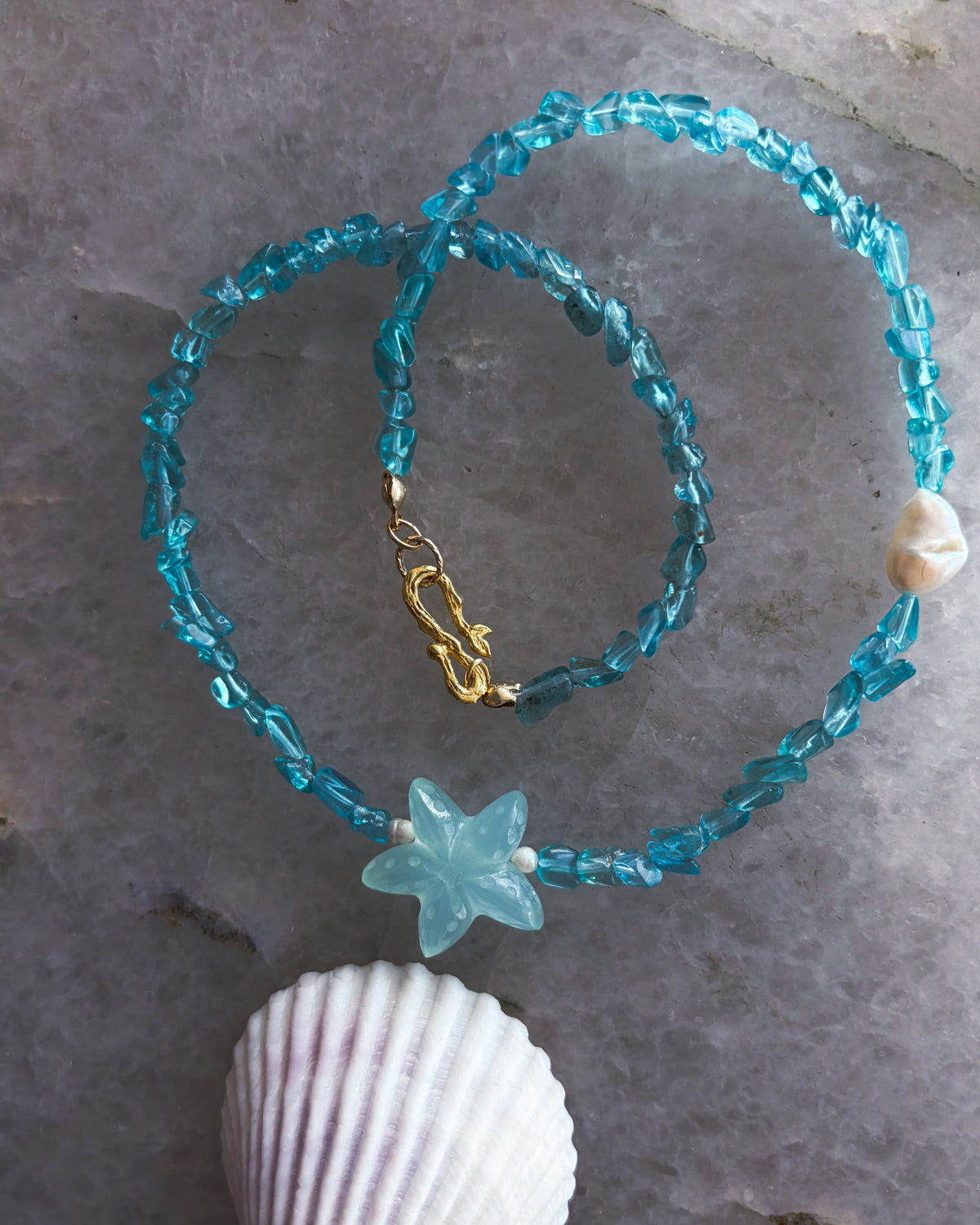 Ocean Pebbles Sea Star Necklace ⋄ Seafoam Apatite, Chalcedony & Pearl