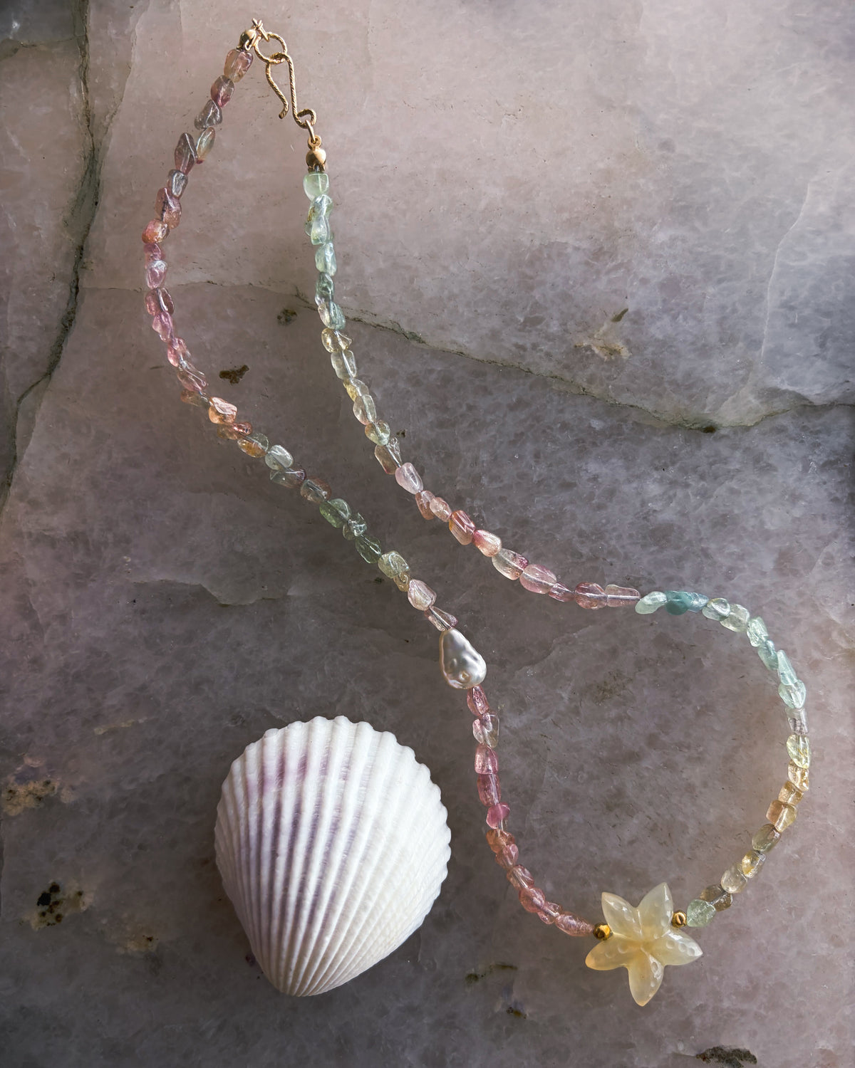 Ocean Pebbles Sea Star Necklace ⋄ Tourmaline, Chalcedony & Pearl