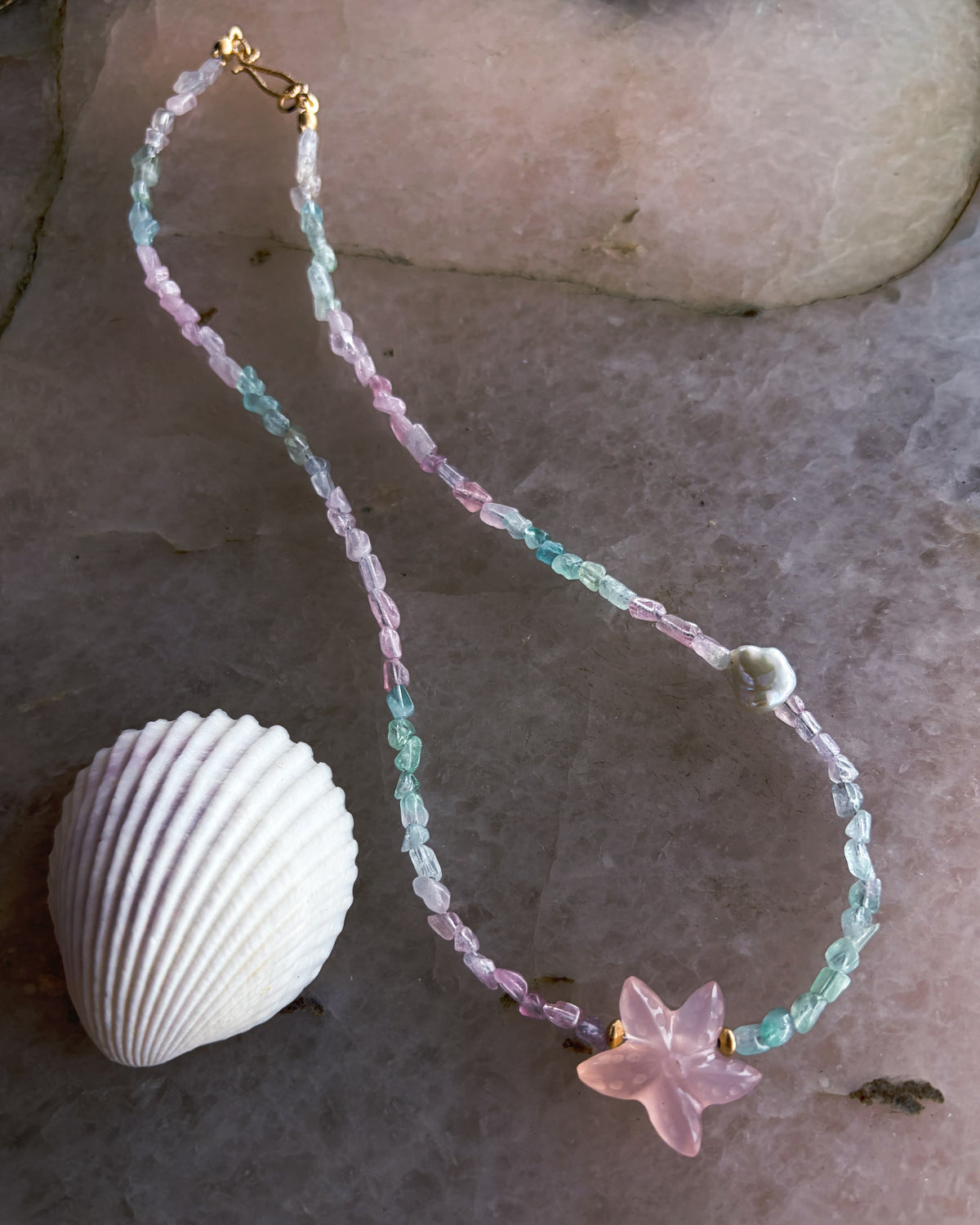 Ocean Pebbles Sea Star Necklace ⋄ Tourmaline, Chalcedony & Pearl