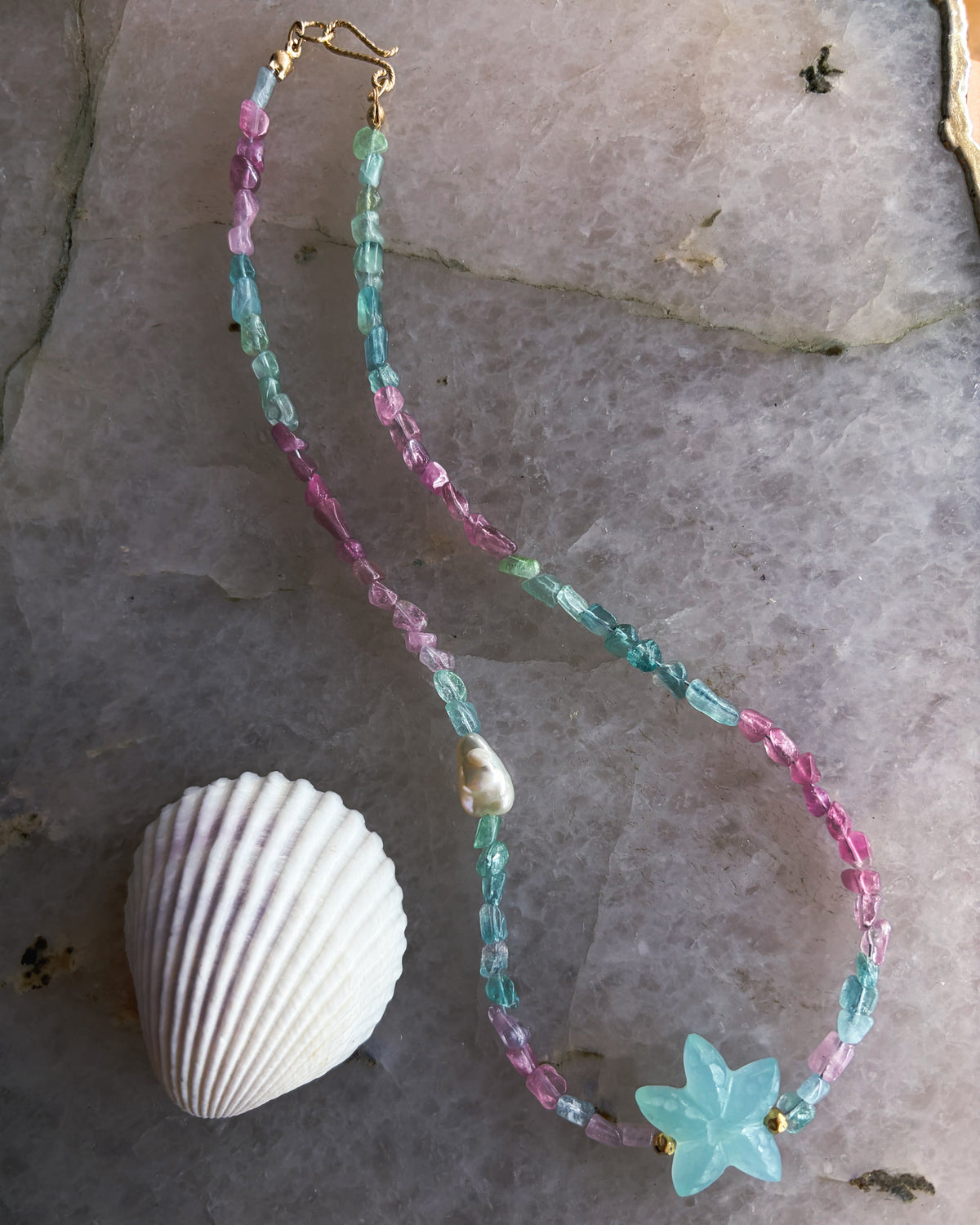 Ocean Pebbles Sea Star Necklace ⋄ Tourmaline, Chalcedony & Pearl