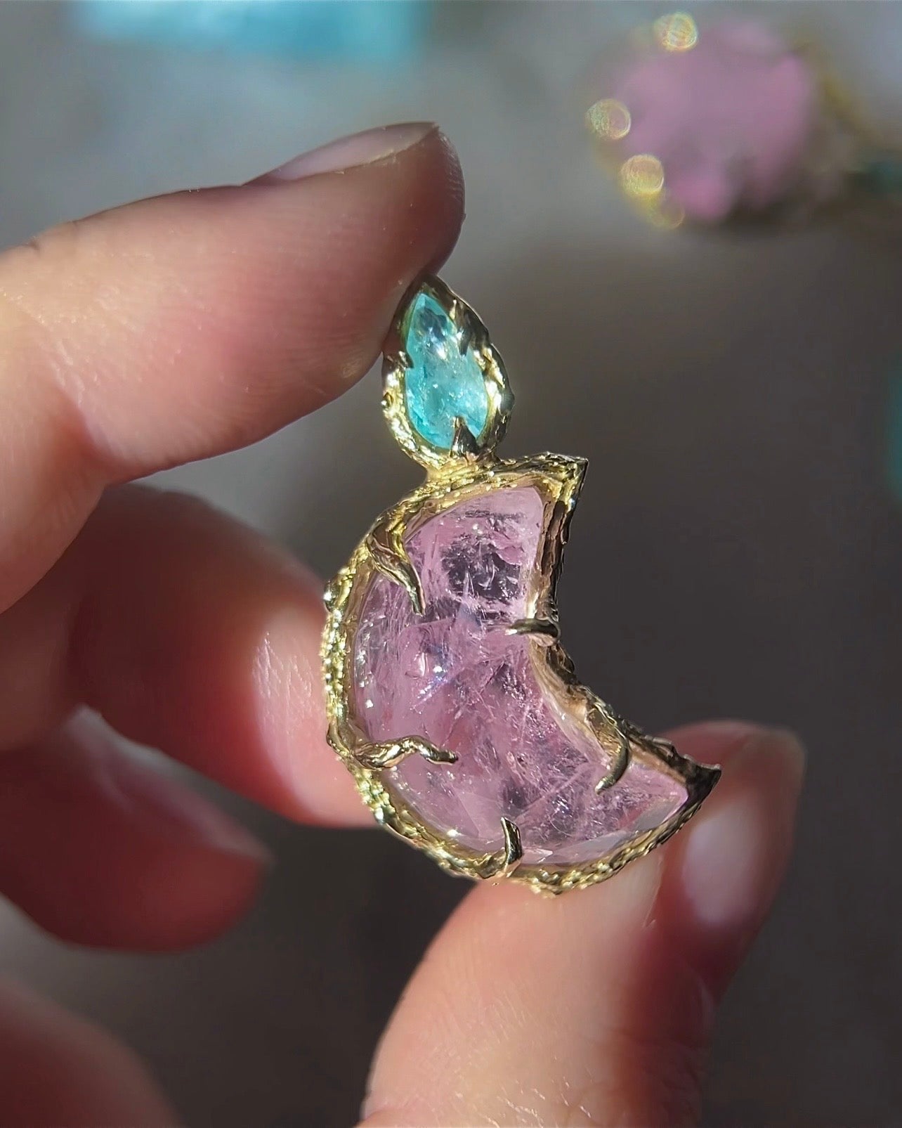 Crescent Moon Amulet ⋄ Morganite & Paraíba Tourmaline