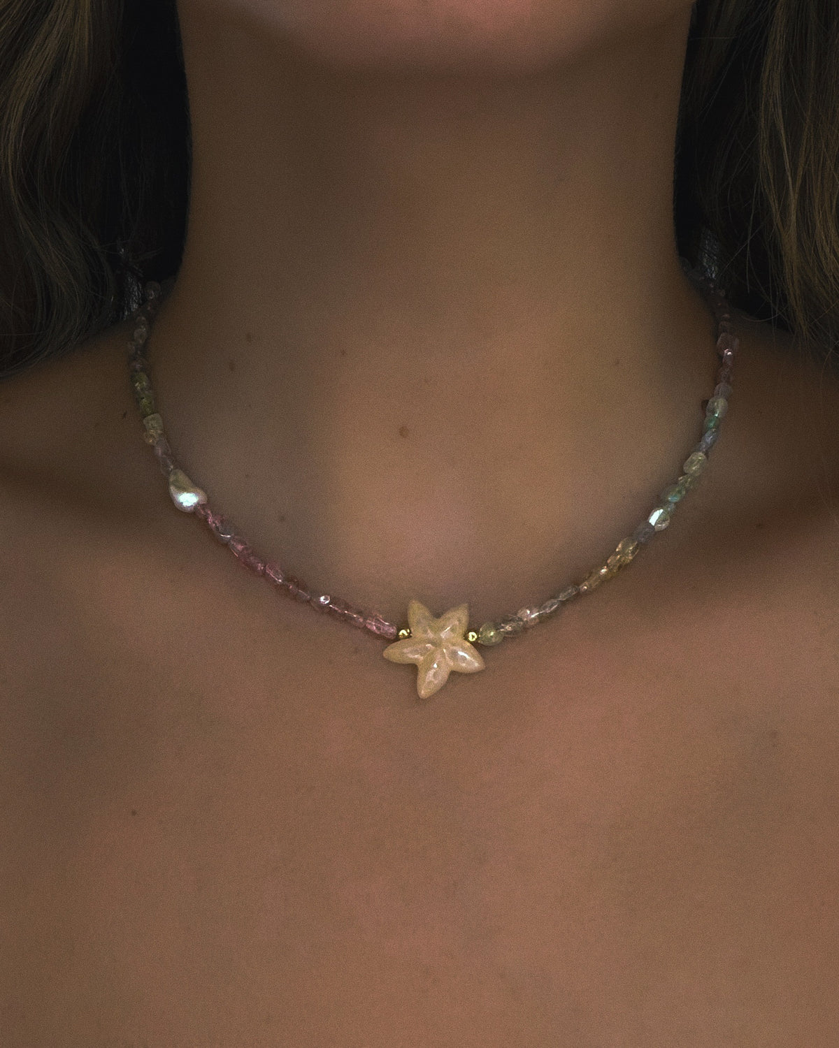 Ocean Pebbles Sea Star Necklace ⋄ Tourmaline, Chalcedony & Pearl