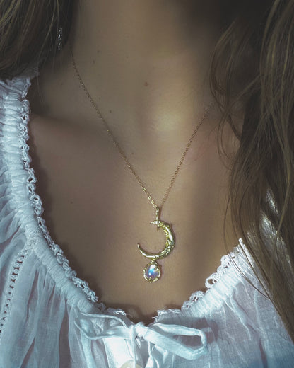 Crescent Moon Amulet ⋄ Rainbow Moonstone