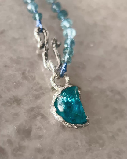 Crescent Moon Dewdrops Necklace ⋄ Neon Apatite & Dark Aquamarine